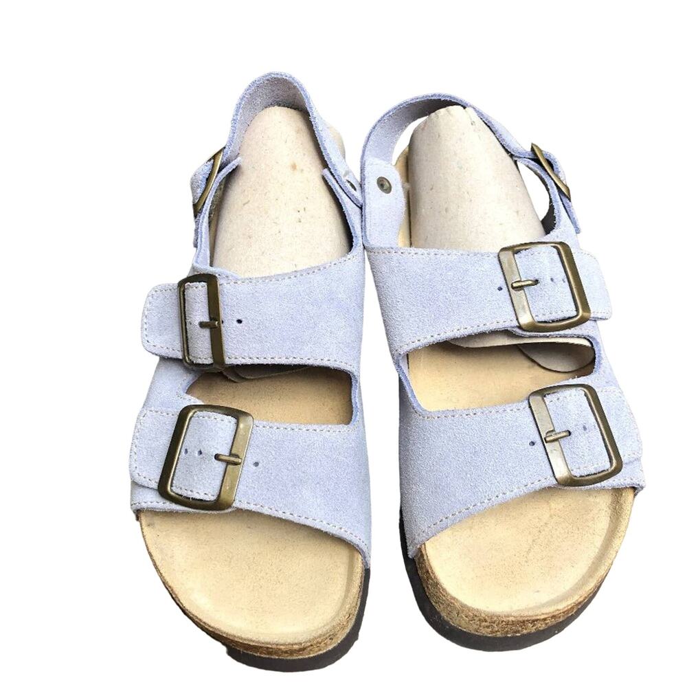 Lands End Shoes Milano Sky Blue Suede Buckle Heel Strap Sandal 6